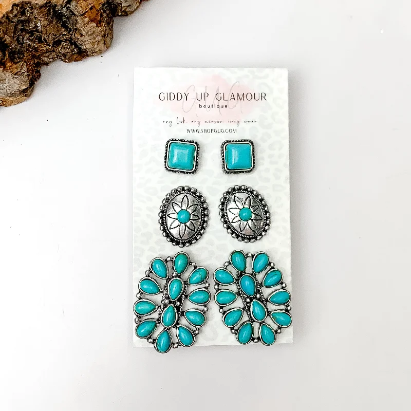 Zodiac Earrings-Set Of Three | Western Turquoise Blue Stones and Silver Tone Stud Earrings