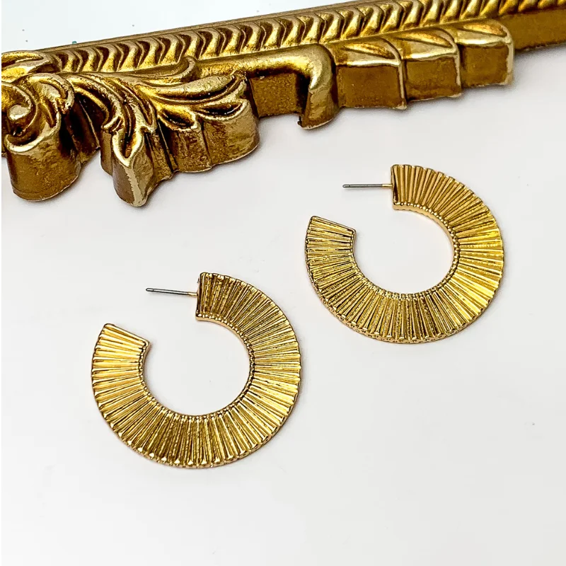 Street Style Earrings-Ribbed Post Hoop Earrings in Gold Tone