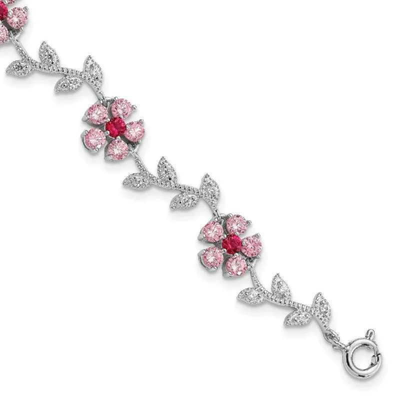 Chunky stone bangles-Casual Bangles-Curata 925 Sterling Silver Polished Pink and Clear CZ Cubic Zirconia Simulated Diamond Flower Bracelet 7.75 Inch Spring Ring