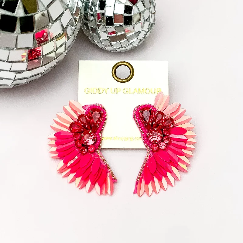 Elegant Earrings-Saw An Angel Sequin Earrings with Clear Crystals in Pink