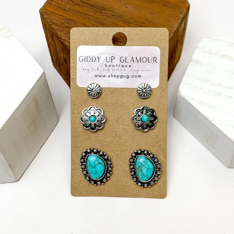 Crystal Earrings-Set Of Three | Flower and Stone Silver Tone Earring Set in Turquoise