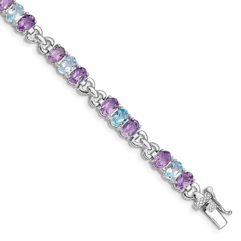 Glittering crystal bangles-Customizable Bangles-Curata 925 Sterling Silver Polished Safety bar Box Catch Closure Amethyst and Blue Topaz Bracelet 7.25 Inch Box Clasp