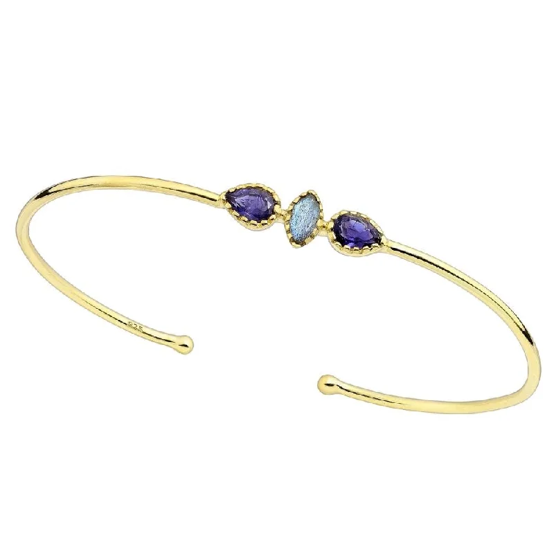 Topaz bead bangles-Closed Bangles-Sterling Silver & Gold Plated Purple Teardrop & Labradorite Cuff Bracelet