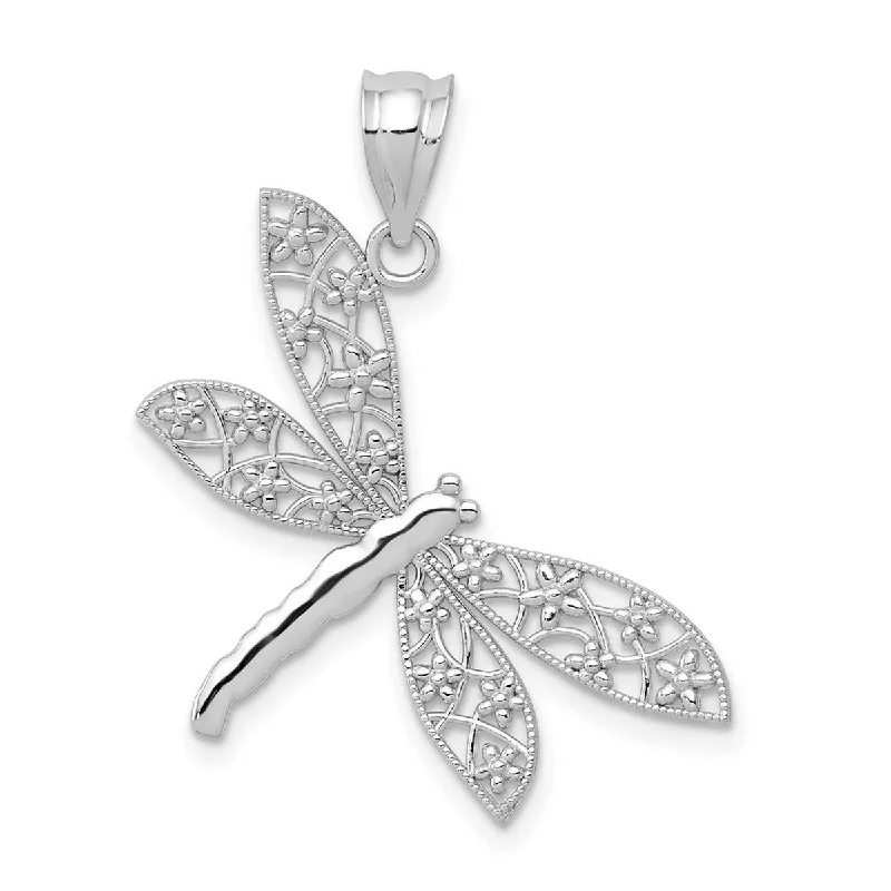 Round pendant necklaces-Key Necklaces-Curata 14k White Gold 18" Textured Sparkle-Cut Dragonfly Pendant Necklace