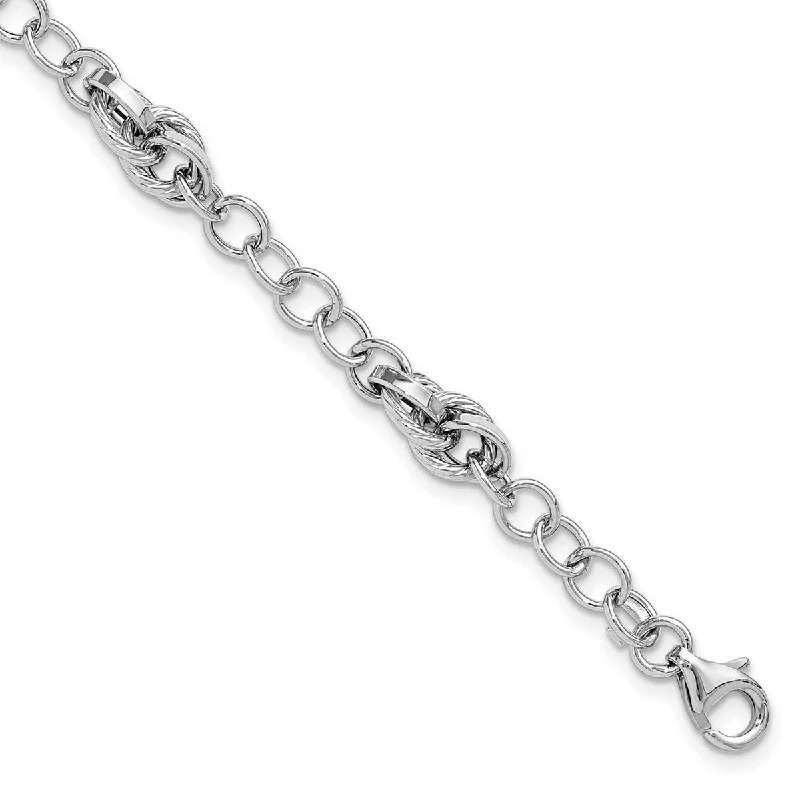 Endless charm bangles-Key Rings-Curata 14k White Gold Polished and Textured Fancy Link Bracelet 7.75 Inch