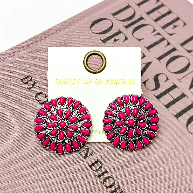 Drop Earrings-Silver Tone Circle Earrings with Fuchsia Pink Stones