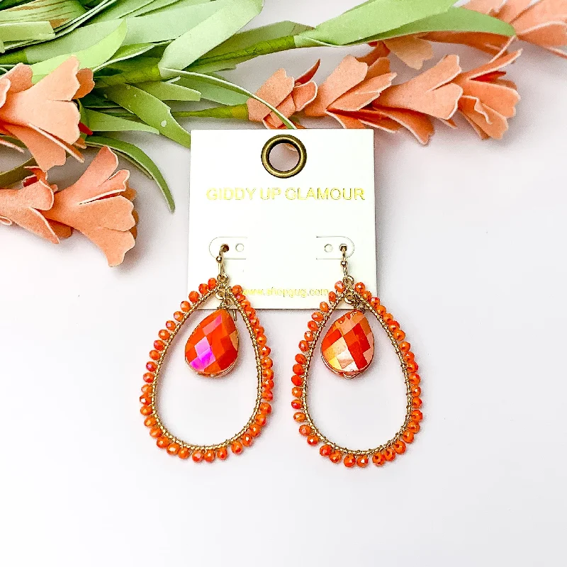 Casual Earrings-Orange Stone Inside Open Beaded Teardrop Earrings with Gold Tone Outline