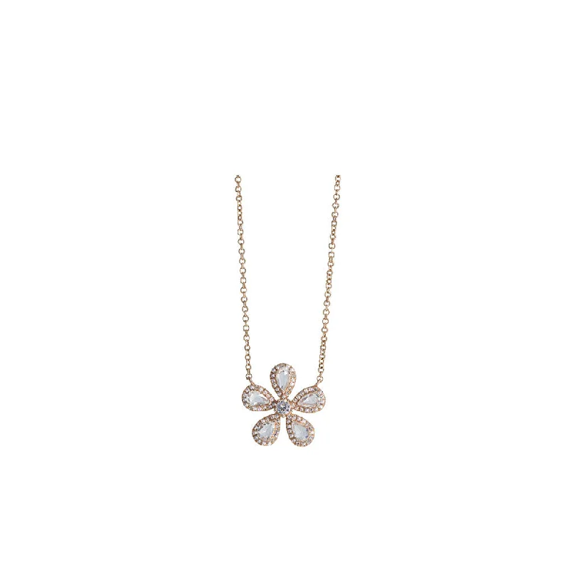 Strong chain necklaces-Arrow Necklaces-14KT Rose Gold Diamond Pave and Rose Cut Diamond Flower Necklace