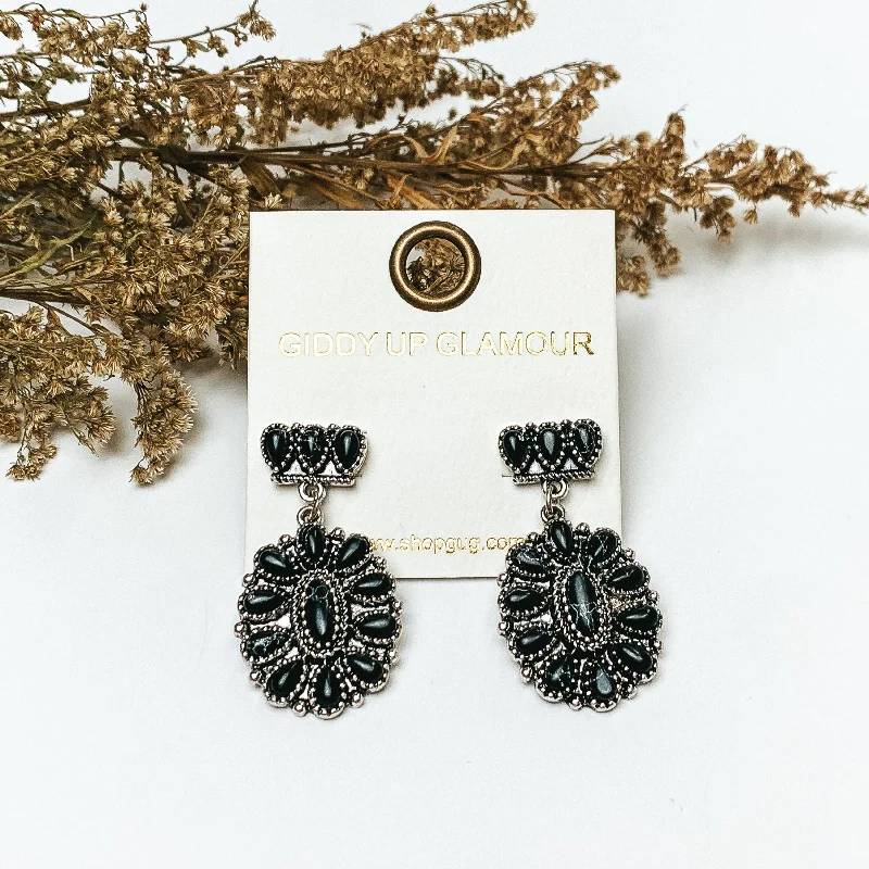 Omega Back Earrings-Silver Tone Cluster Post Earrings with Oval Cluster Drop with Black Stones