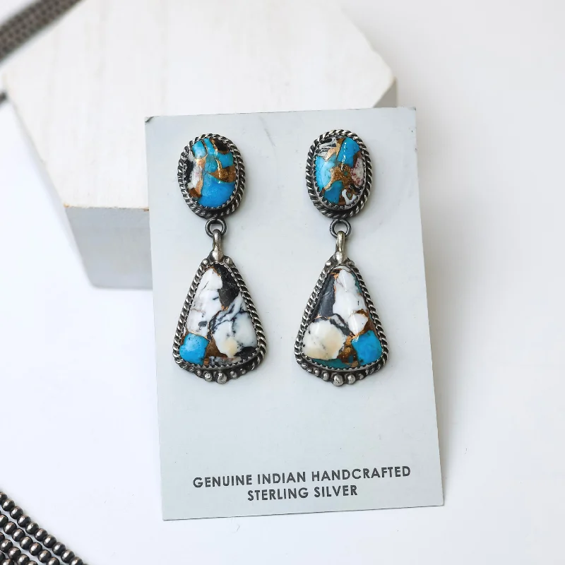 Monogram Earrings-Elouise Kee | Navajo Handmade Sterling Silver Remix White Buffalo and Turquoise Drop Earrings