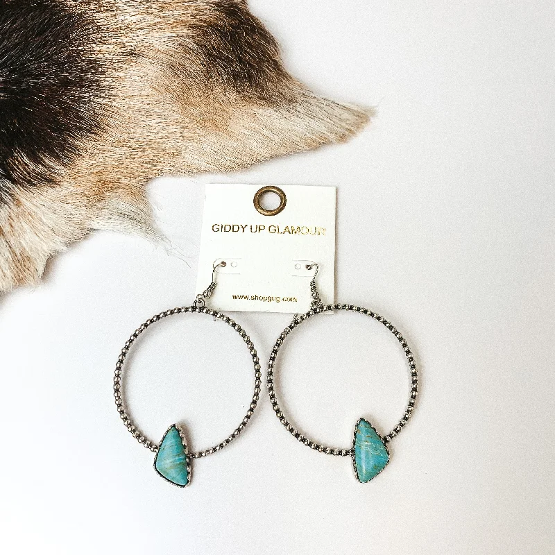 Name Earrings-Silver Tone Textured Hoop Earrings with Turquoise Blue Stone