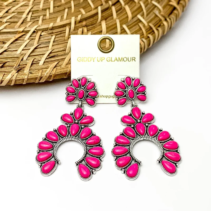 Non-Piercing Earrings-Hot Pink and Silver Horseshoe Drop Earrings