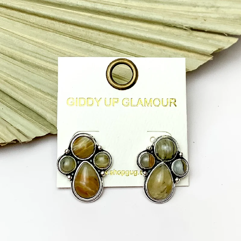 Rock Earrings-Silver Tone Cluster Stone Earrings in Natural Brown