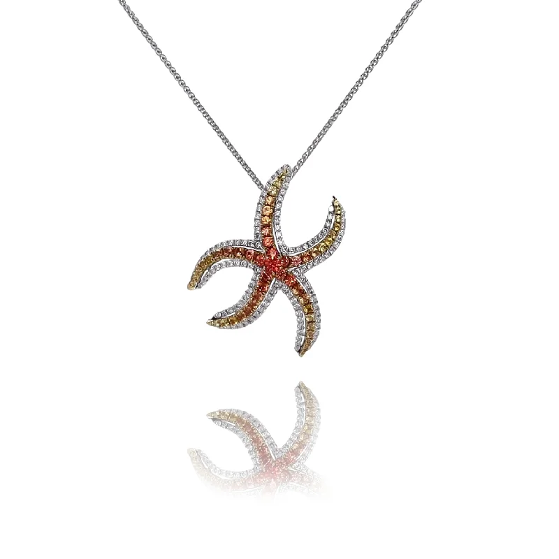 Elegant design necklaces-Fantasy Necklaces-Estate 18 Karat White Gold Multi Colored Sapphire and Diamond Star Fish Pendant Necklace