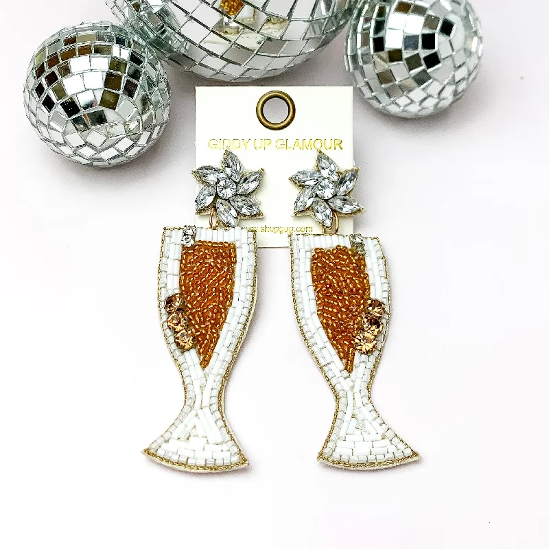 Angel Earrings-Celebration Beaded Champagne Flutes in White and Gold