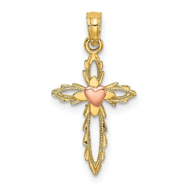 Twig weave necklaces-Casual Necklaces-Curata 10k Yellow Gold Cross With Pink Heart Center Cut out Pendant Necklace, 18"