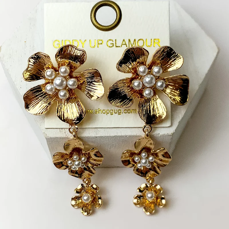 Galaxy Earrings-Gold Tone Three Tiered Flower Earrings With a Pearl Center