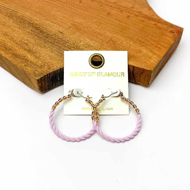 Tribal Earrings-Twisted Gold Tone Hoop Earrings in Lavender