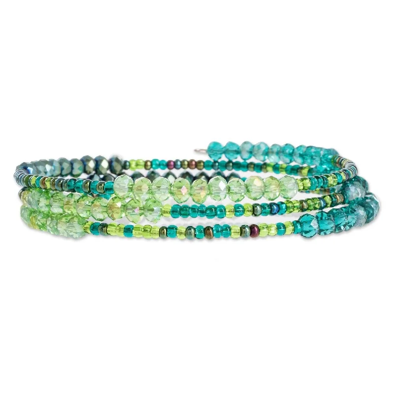 Worn lock bangles-Lock Bangles-NOVICA Ocean Siren, Glass and crystal beaded wrap bracelet