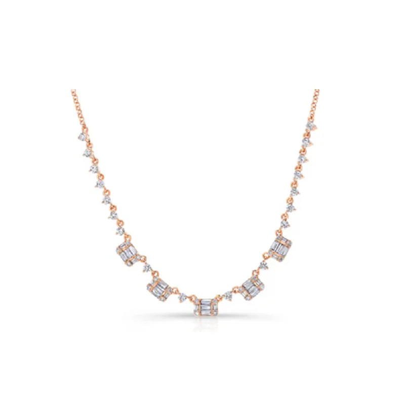 Broad chain necklaces-Unique Necklaces-14K Rose Gold Baguette Diamond Necklace