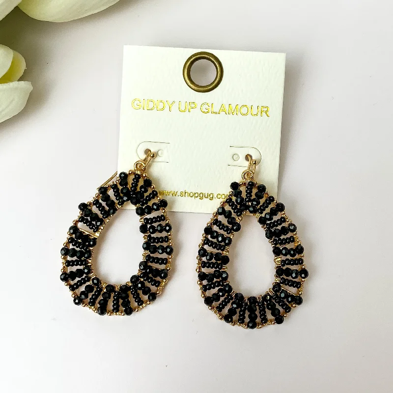 Cultural Earrings-Gold Undertone Teardrop Earrings with Black Beaded Outline