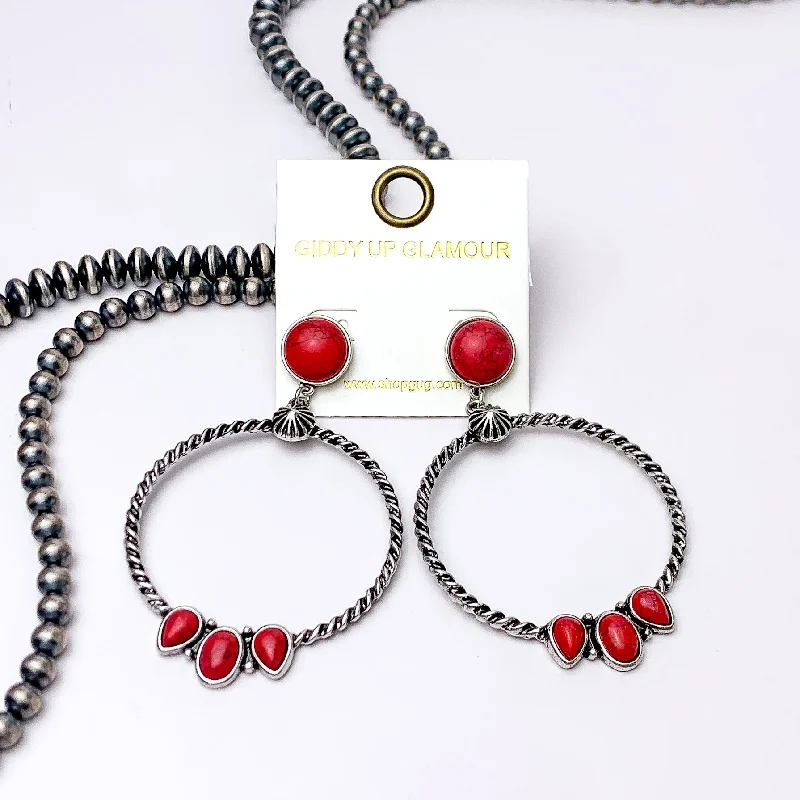 Statement Earrings-Western Moment Silver Tone Hoop Earrings With Stones in Red