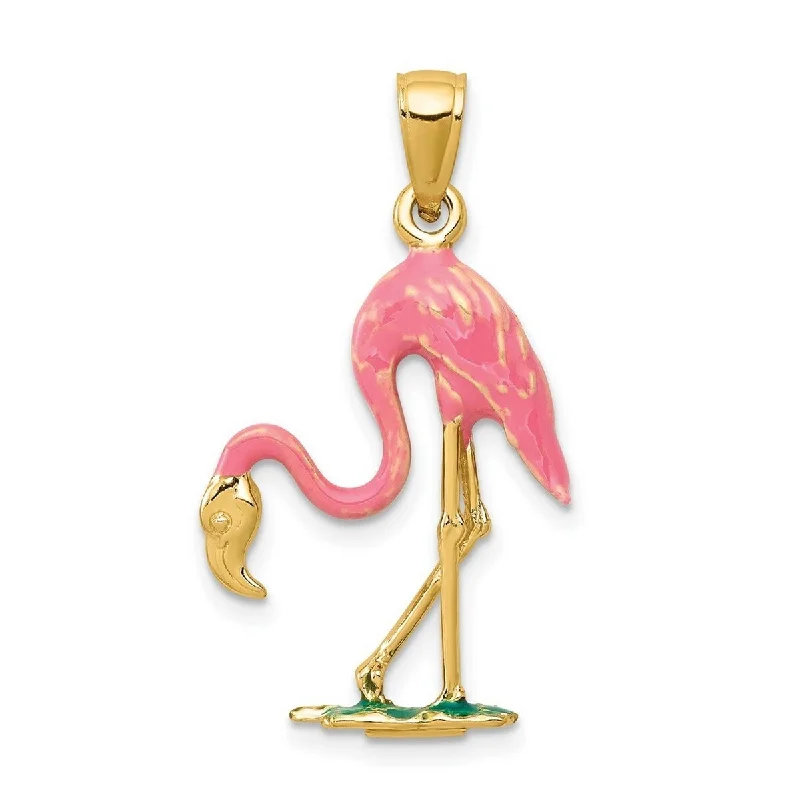 Clear bead necklaces-Sun Necklaces-Curata 14k Yellow Gold Solid 18" Enameled 3 D Pink Flamingo Pendant Necklace - 30.8x17.5mm