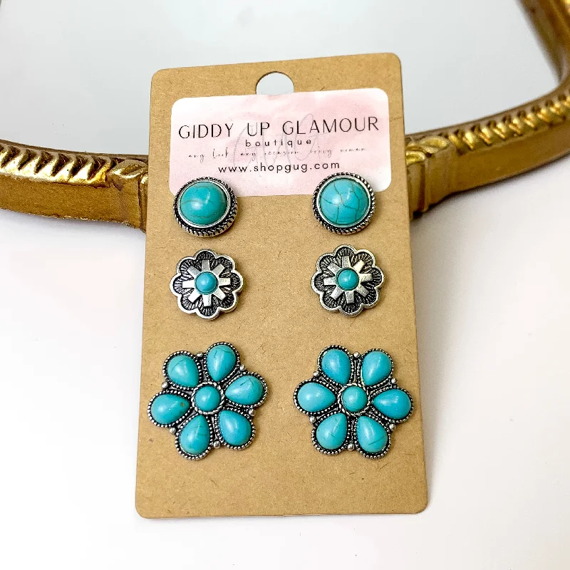 Omega Back Earrings-Set Of Three | Flower and Stone Silver Tone Earring Set in Turquoise Blue