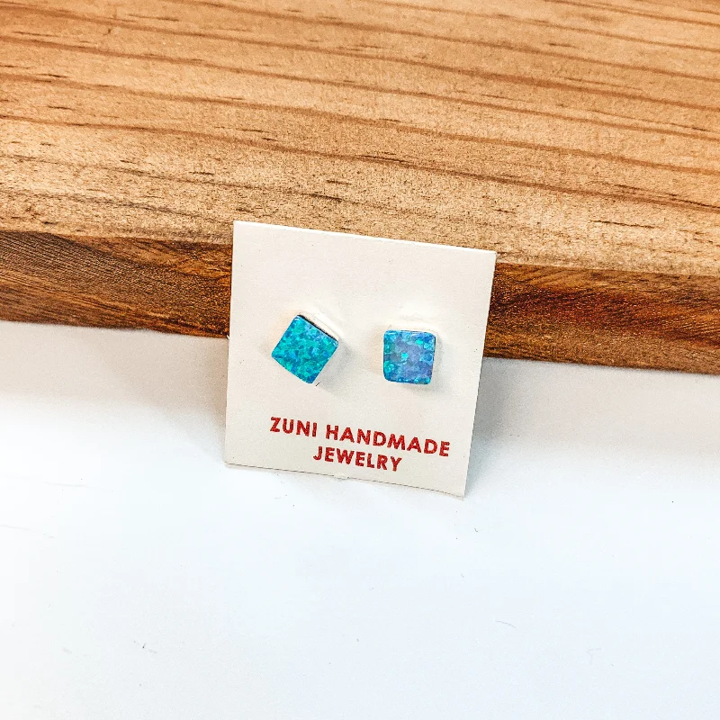 Punk Earrings-Angie Rosetta | Zuni Handmade Sterling Silver and Blue Opal Square Stud Earrings