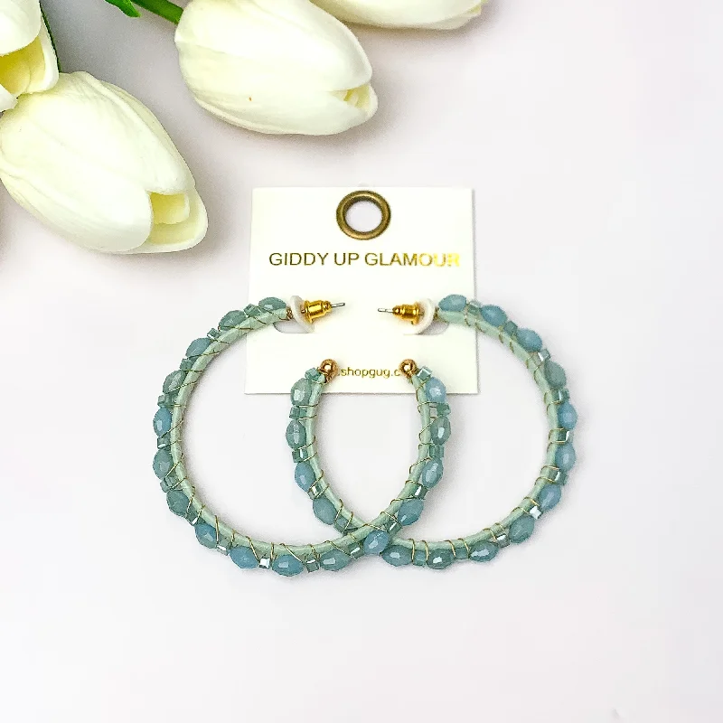 Contemporary Earrings-Large Hoop Earrings Outlined with Crystals in Aqua Blue