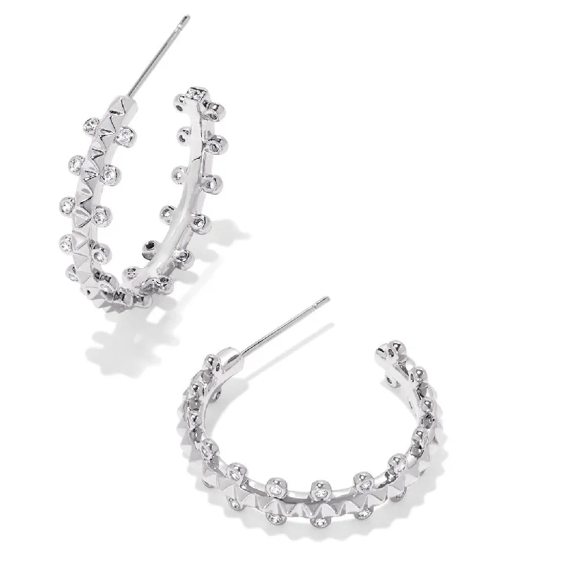 Formal Earrings-Kendra Scott | Jada Silver Small Hoop Earrings in White Crystal