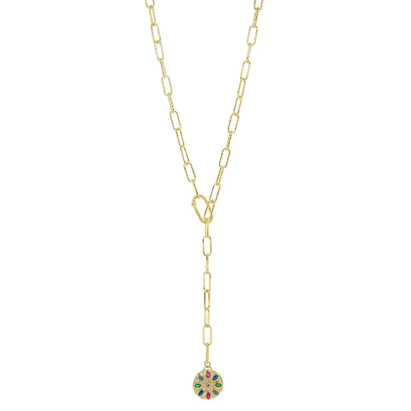 Linked chain necklaces-King Necklaces-gold plated paperclip "Y" necklace with colored flower pendant