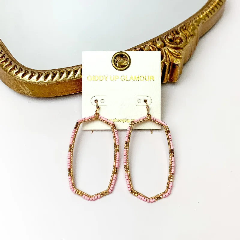 Jacket Earrings-Light Pink Beaded Open Large Drop Earrings with Gold Tone Accessory