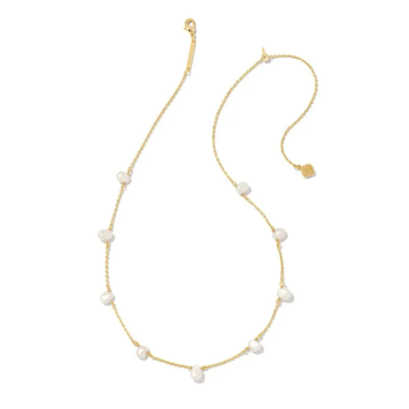 Pearl Earrings-Kendra Scott | Leighton Gold Pearl Strand Necklace in White Pearl