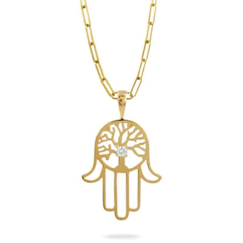 Satin gold necklaces-Diamond Necklaces-18k Gold Hamsa Pendant Necklace