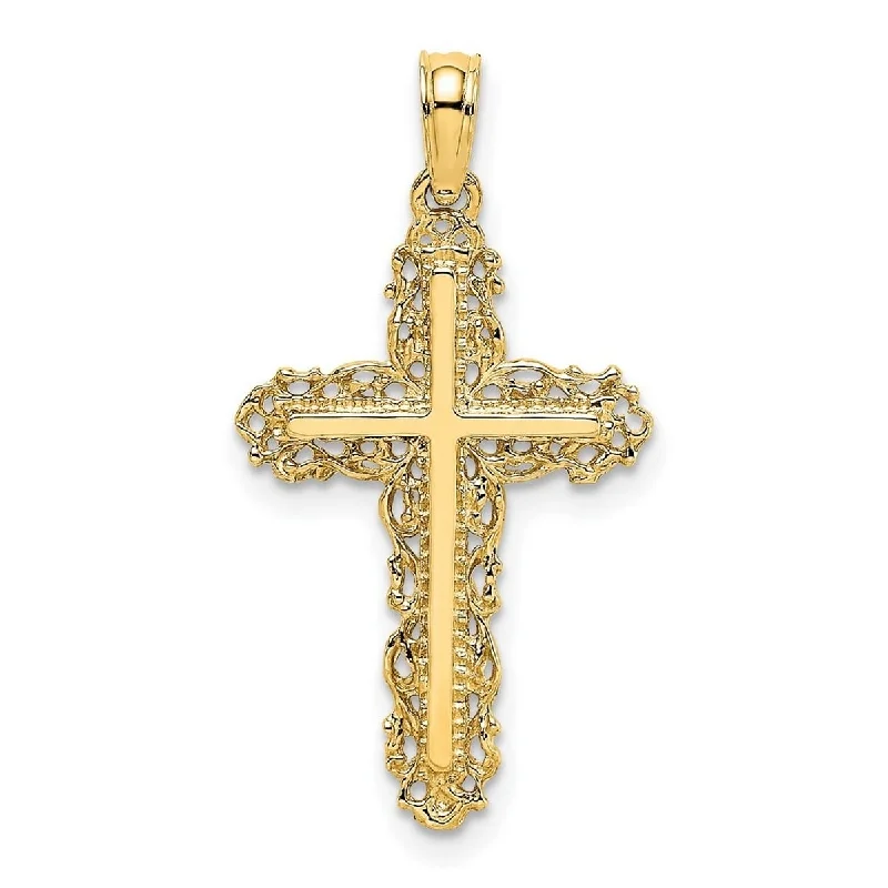 Eight-strand necklaces-Vintage Necklaces-Curata 14k Yellow Gold Filigree Lace Trim Cross Pendant Necklace 16mm x 21.3mm