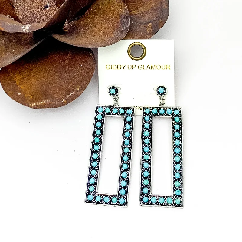 Heart Earrings-Silver Tone Rectangular Drop Earrings With Stones in Turquoise Blue