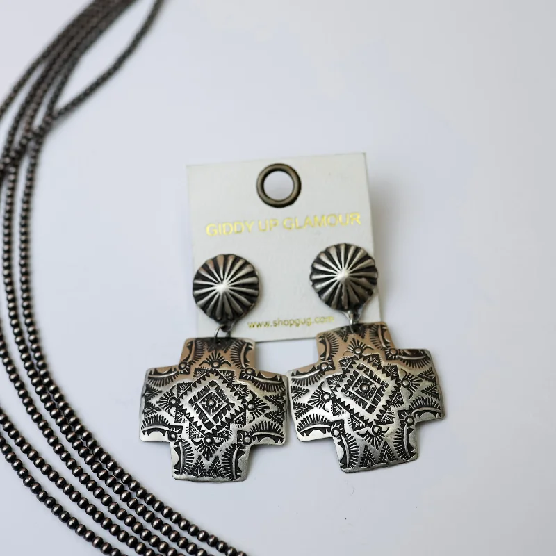 Punk Earrings-Navajo | Navajo Handmade Sterling Silver Cross Earrings Dropped from Starburst Post Stud