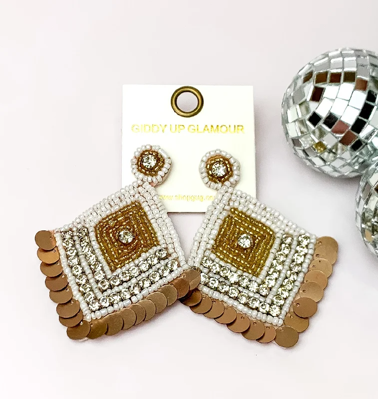 Geometric Earrings-Fashionista Diamond Shaped Beaded Earrings in White, and Gold