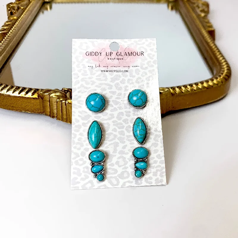 Rock Earrings-Set Of Three | Faux Stone Silver Tone Stud Set in Turquoise