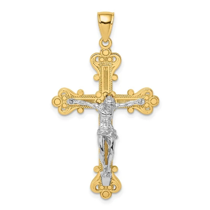 Low bar necklaces-Bib Necklaces-Curata 14k Two tone Gold Large Textured Crucifix Budded Cross Necklace 28mm x 45mm