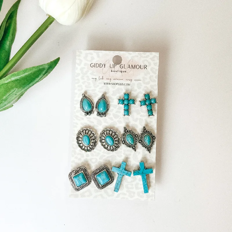 Ear Cuff Earrings-Set Of Six | Multiple Turquoise and Silver Designed Stud Earrings