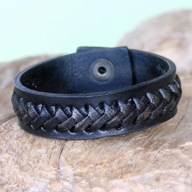 Strong clasp bangles-Space Rings-Handmade Leather Iron 'Black Kingdom Warrior' Bracelet (Indonesia) - 7'6" x 9'6"