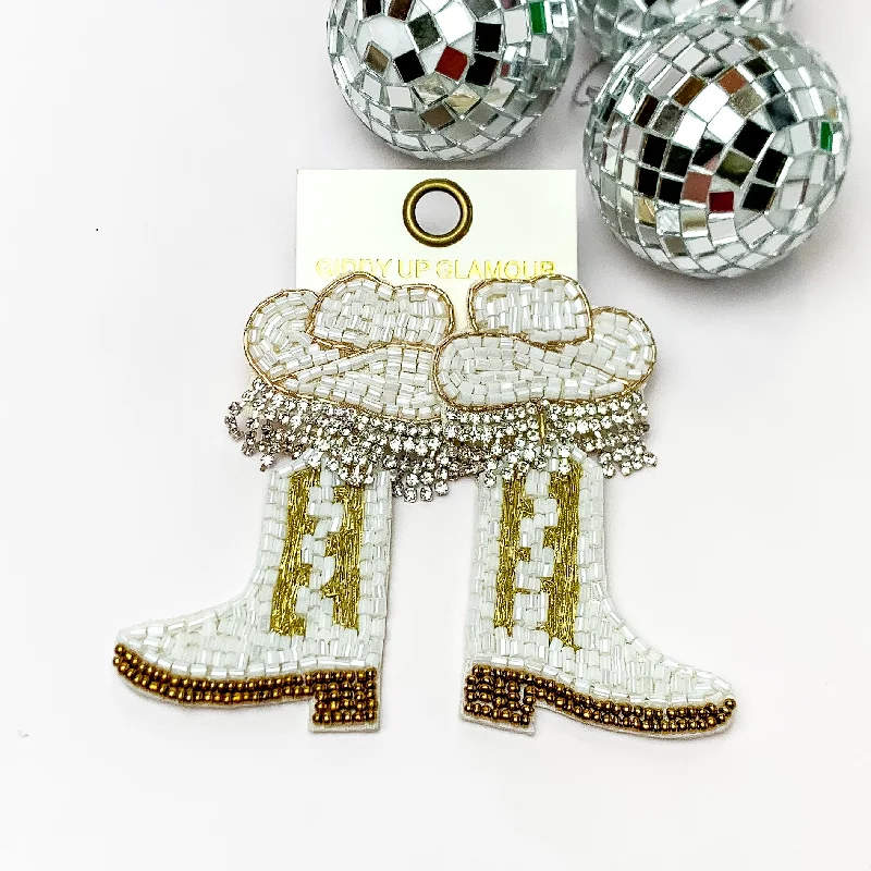 Ethnic Earrings-Beaded Cowboy Hat and Boot Earrings with Clear Crystal Fringe in White