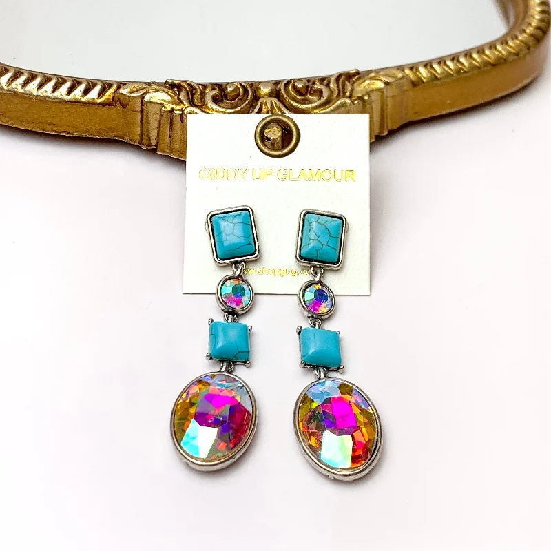 King Earrings-4 Tier Rectangle Post Faux Turquoise and AB Crystal Dangle Earrings