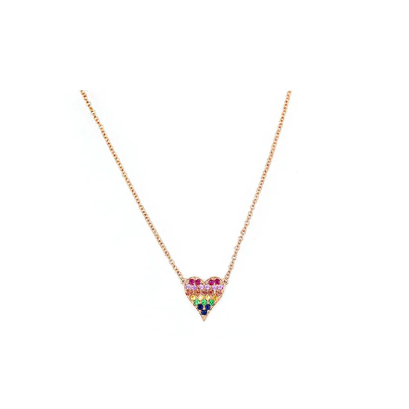 Worn style necklaces-Gothic Necklaces-14k Rose Gold Mini Rainbow Sapphire Heart Necklace