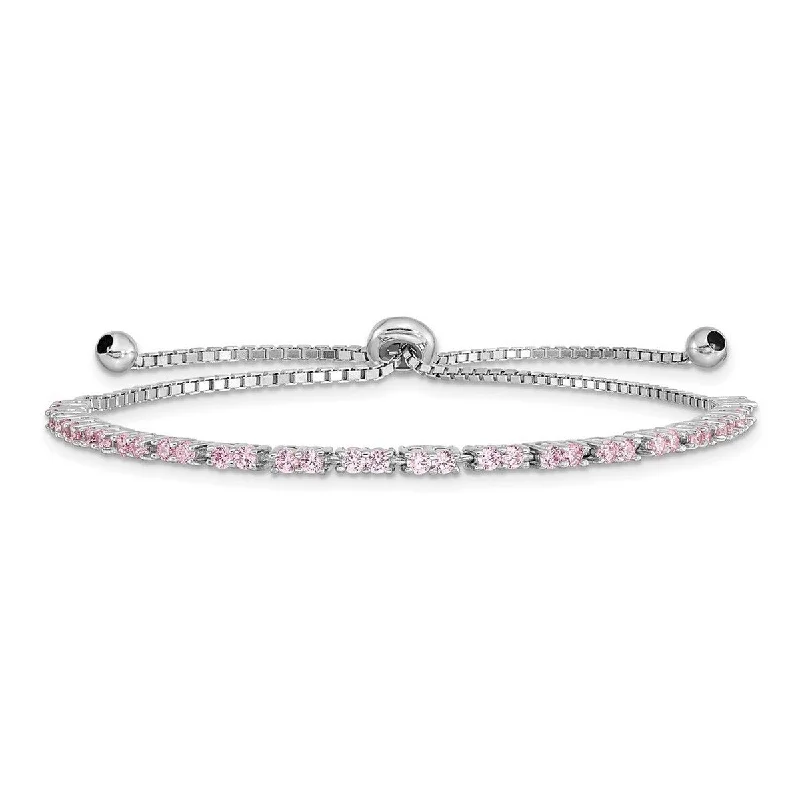 Solid chain bangles-Cuff Bangles-Curata 925 Sterling Silver Rhodium Plated October Pink CZ Cubic Zirconia Simulated Diamond Adj Bracelet