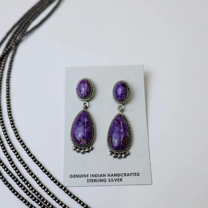 Formal Earrings-Elouise Kee | Navajo Handmade Sterling Silver & Charoite Drop Earrings