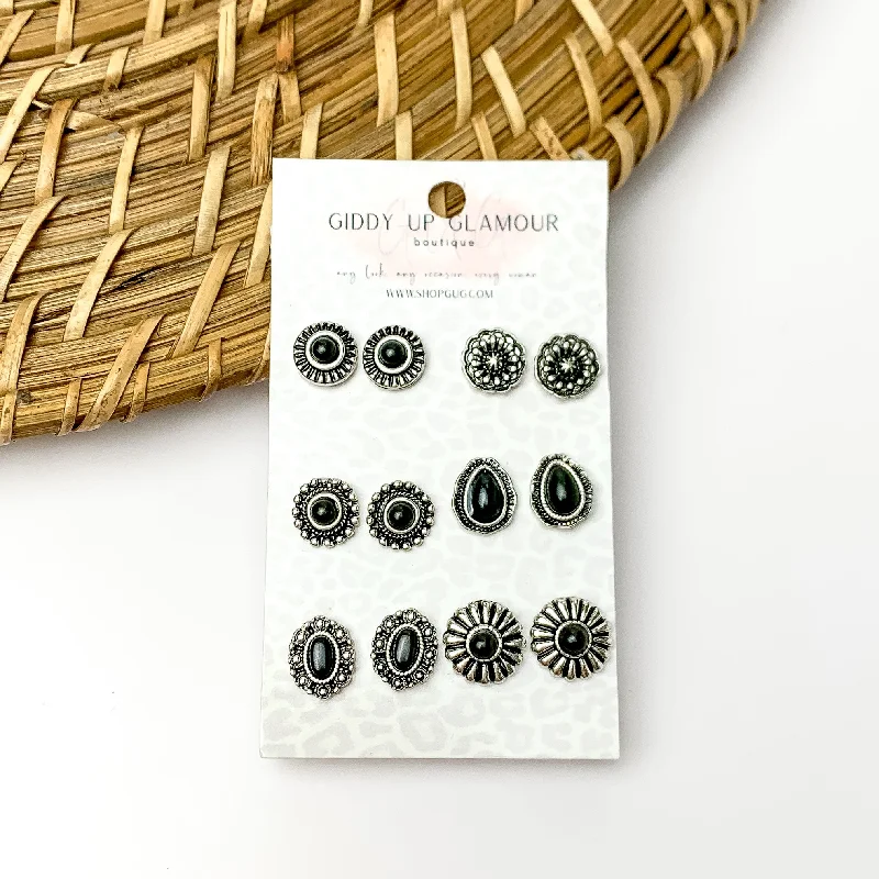 Sun Earrings-Set of Six | Black and Silver Tone Designed Stud Earrings