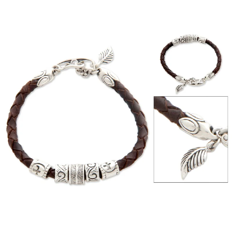 Multi-bead bangles-Mythological Rings-Handmade Sterling Silver 'Angel of Nature' Leather Bracelet (Indonesia)